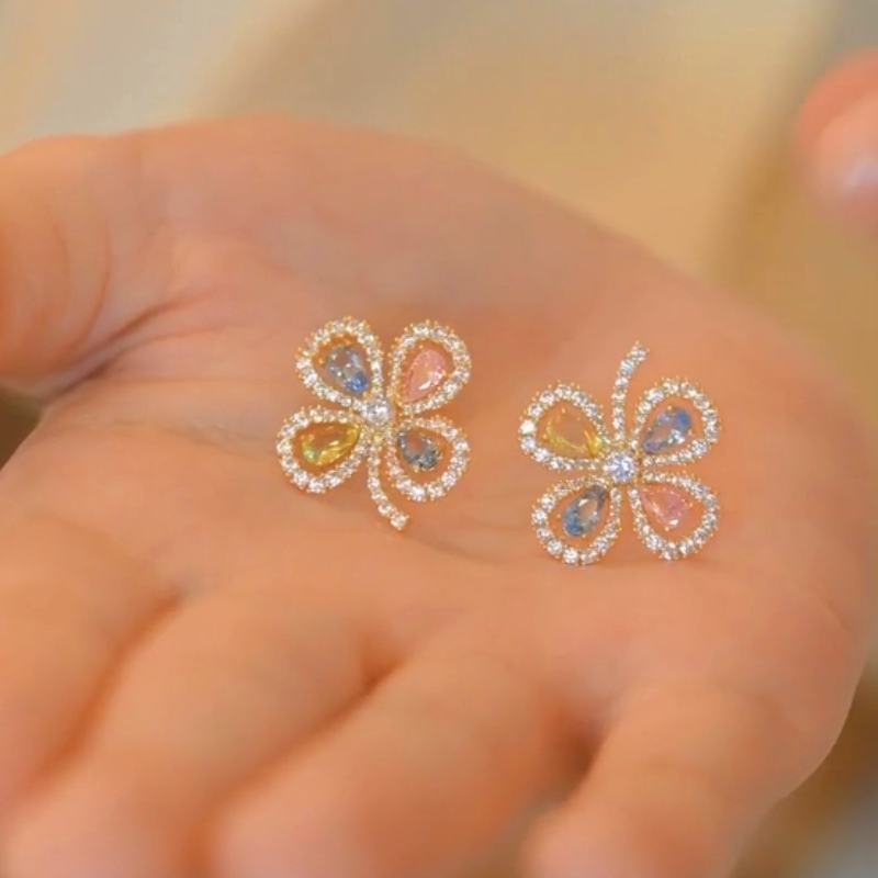 14K Gold-plated Colorful Four-Leaf Flower Diamond Stud Earrings