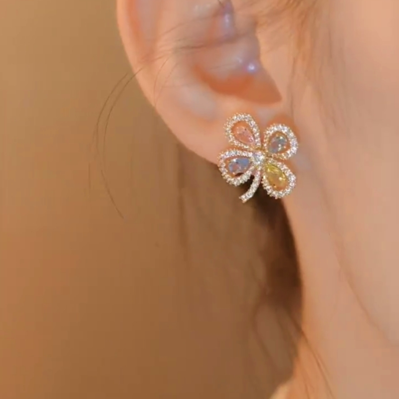 14K Gold-plated Colorful Four-Leaf Flower Diamond Stud Earrings