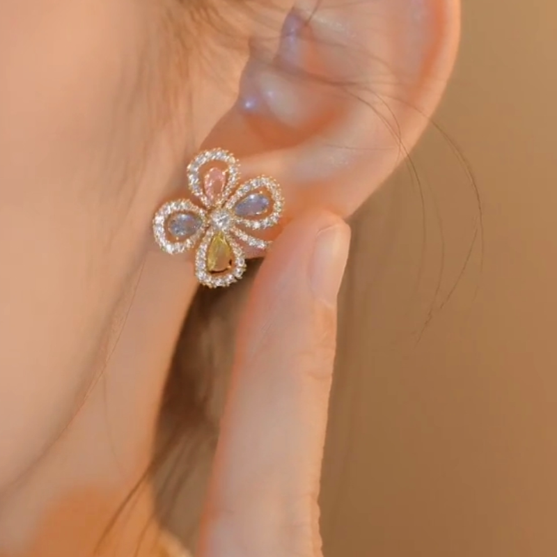 14K Gold-plated Colorful Four-Leaf Flower Diamond Stud Earrings