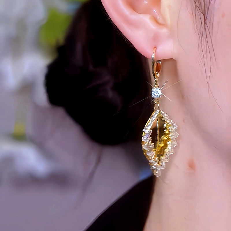 14K Gold-plated Diamond-Plated Geometric Leaf Earrings