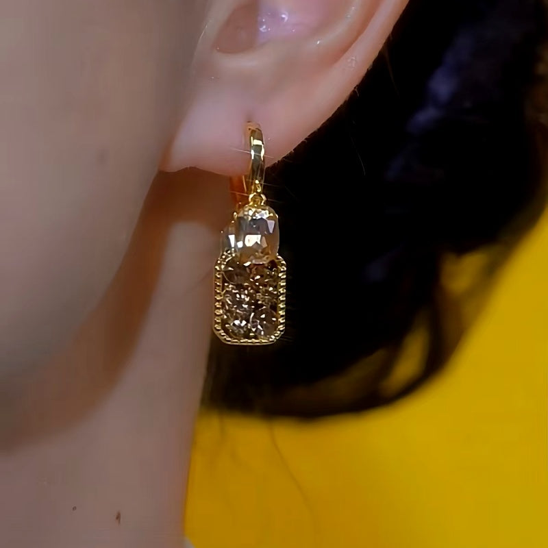 14K Gold-plated Diamond-Studded Brown Crystal Square Earrings