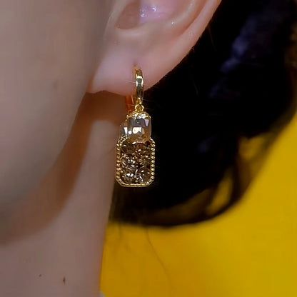 14K Gold-plated Diamond-Studded Brown Crystal Square Earrings