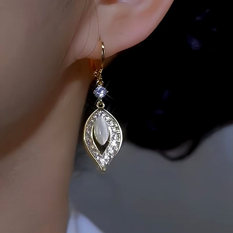 14K Gold-plated Diamond Cat's Eye Leaf Earrings