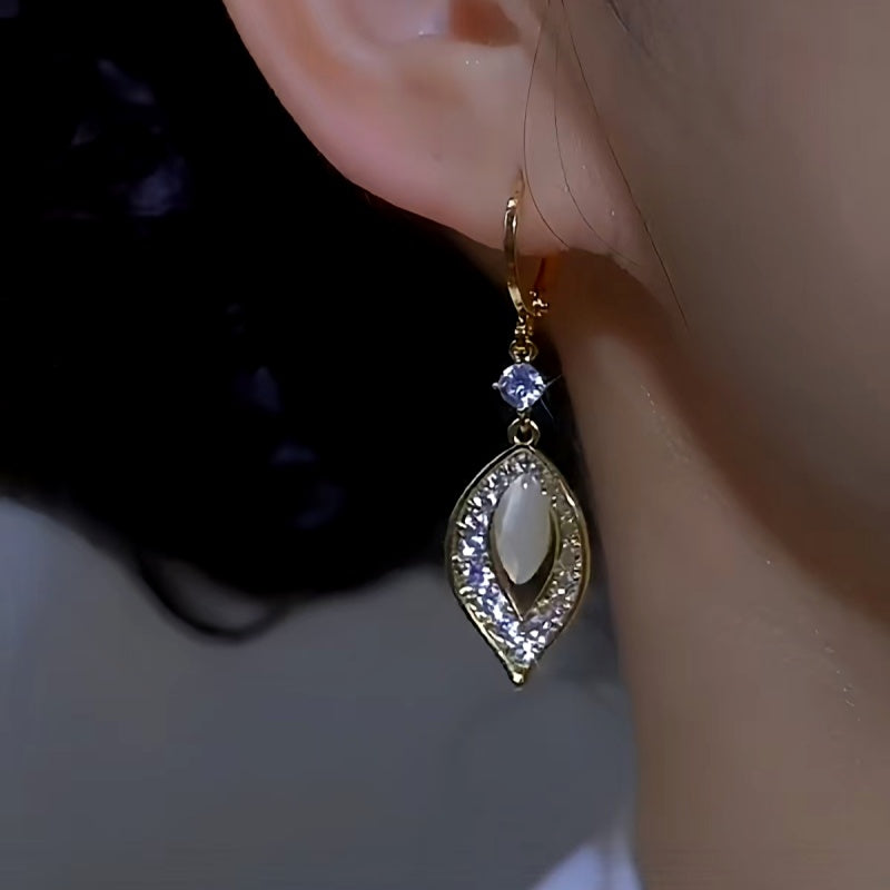 14K Gold-plated Diamond Cat's Eye Leaf Earrings
