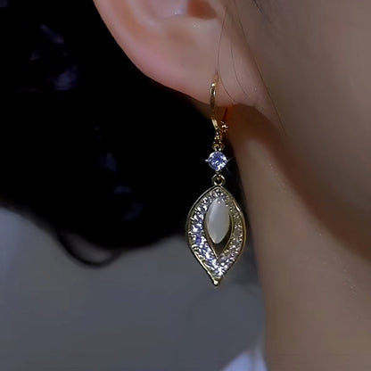 14K Gold-plated Diamond Cat's Eye Leaf Earrings