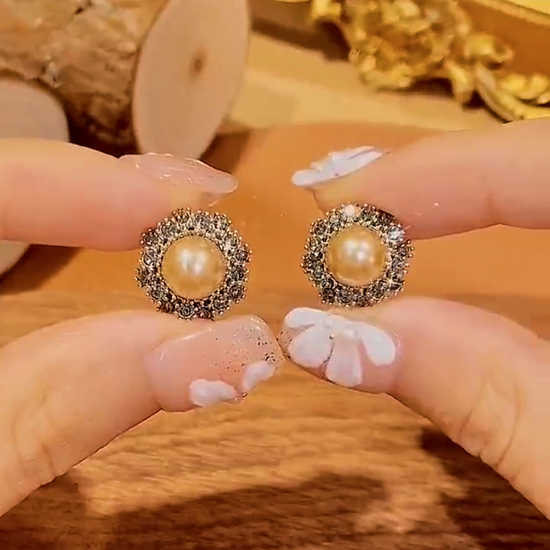 14K Gold-plated Diamond Champagne Pearl Earrings