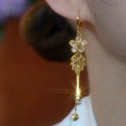 14K Gold-plated Diamond Flower Leaf Long Tassel Fzace-Slimming Earrings