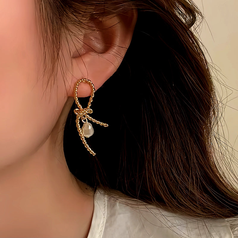 14K Gold-plated Elegant Braided Pearl Earrings