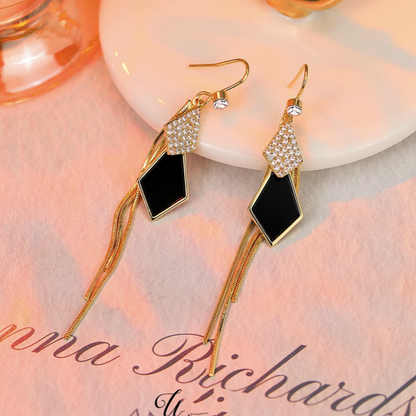 14K Gold-plated Elegant Diamond Black & Blue Ear Hook Tassel Earrings