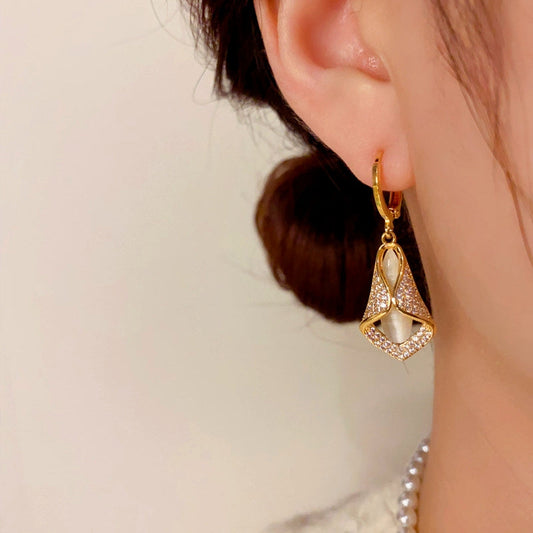 14K Gold-plated Elegant Geometric Diamond Cat's Eye Earrings