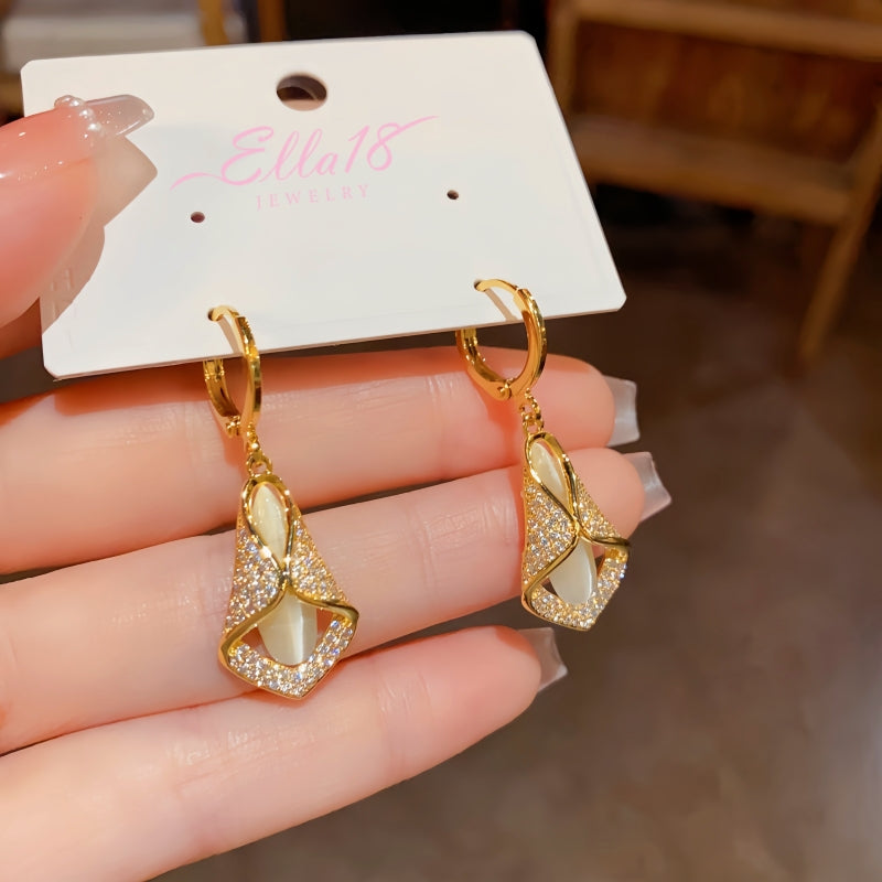 14K Gold-plated Elegant Geometric Diamond Cat's Eye Earrings