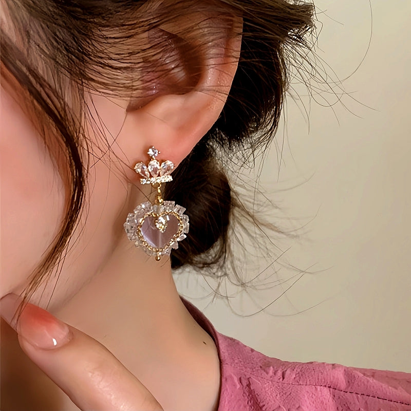 14K Gold-plated Elegant Ice-Transparent Heart Crown Earrings