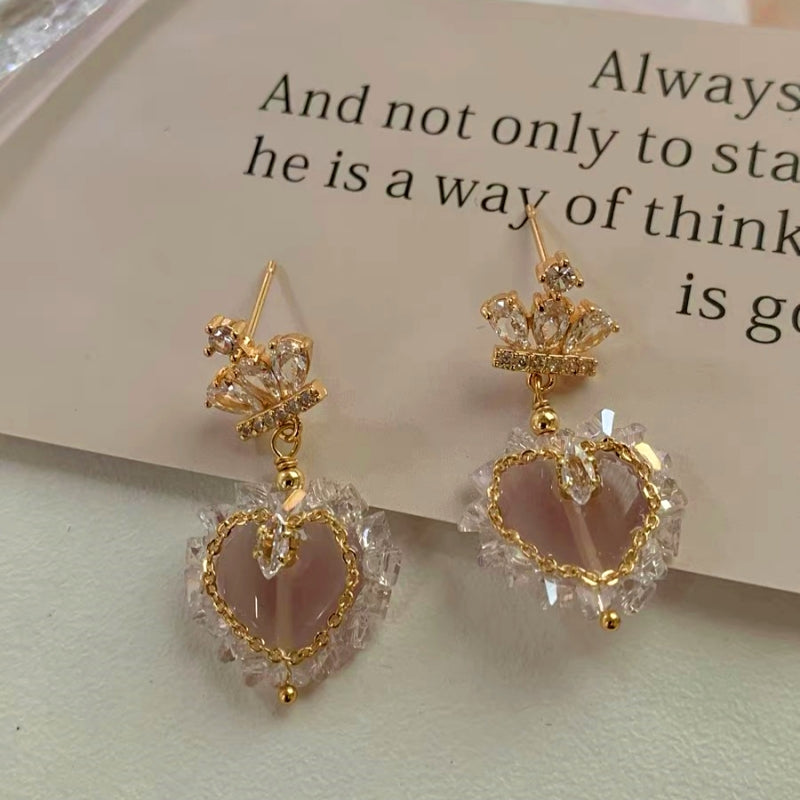 14K Gold-plated Elegant Ice-Transparent Heart Crown Earrings