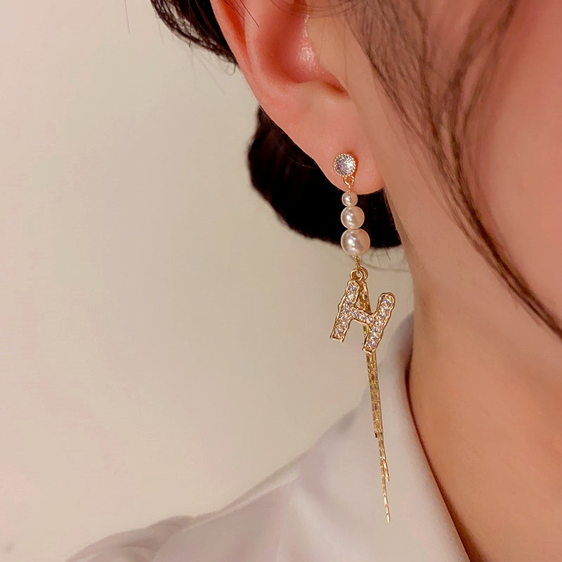 14K Gold-plated Elegant Letter H Pearl Tassel Earrings
