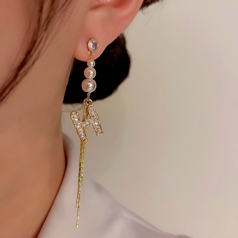 14K Gold-plated Elegant Letter H Pearl Tassel Earrings