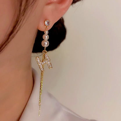 14K Gold-plated Elegant Letter H Pearl Tassel Earrings