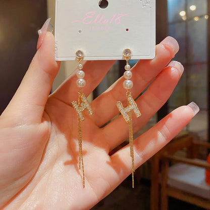 14K Gold-plated Elegant Letter H Pearl Tassel Earrings