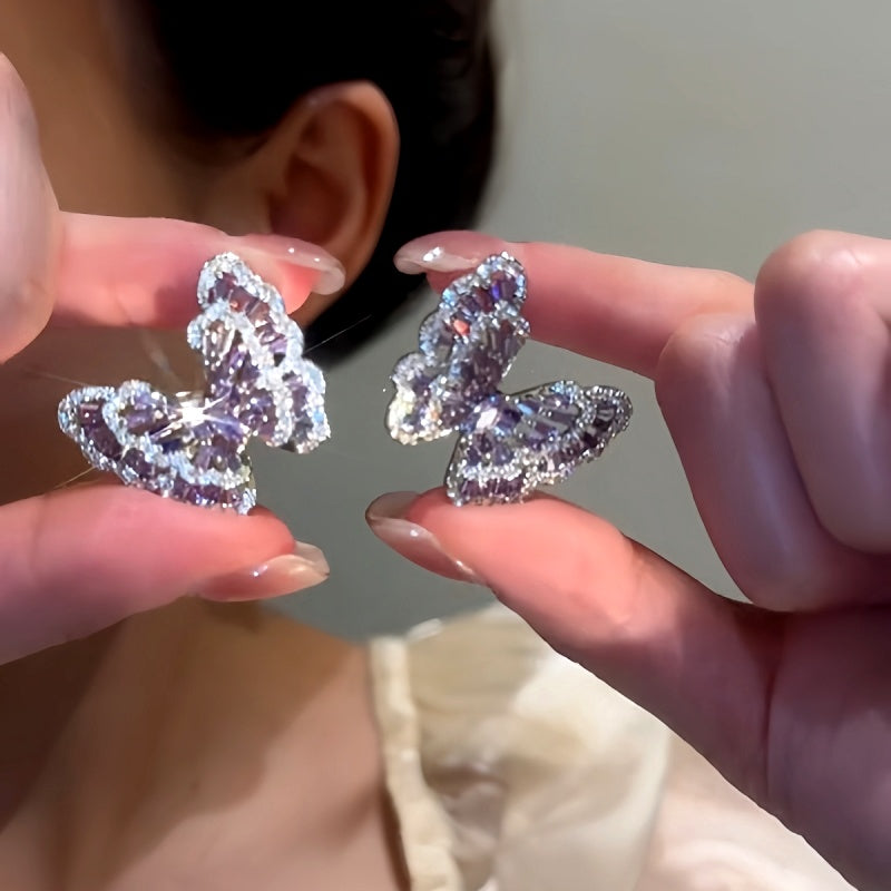 14K Gold-plated Elegant Purple Zircon Butterfly Earrings