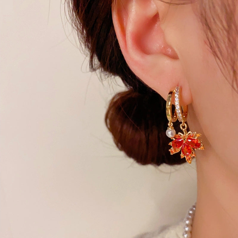 14K Gold-plated Elegant Red Maple Leaf Pearl Earrings