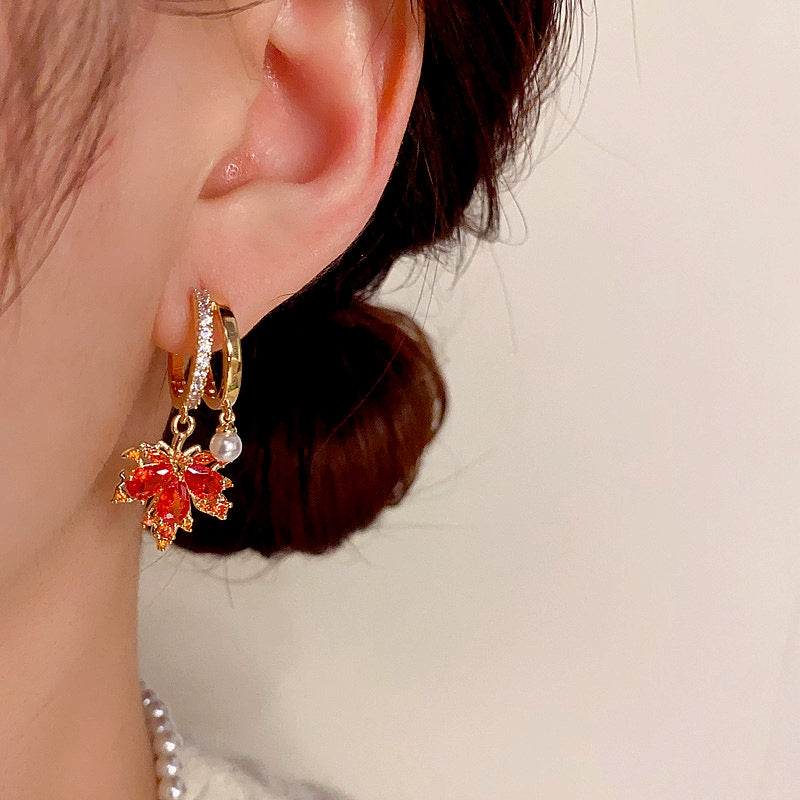 14K Gold-plated Elegant Red Maple Leaf Pearl Earrings