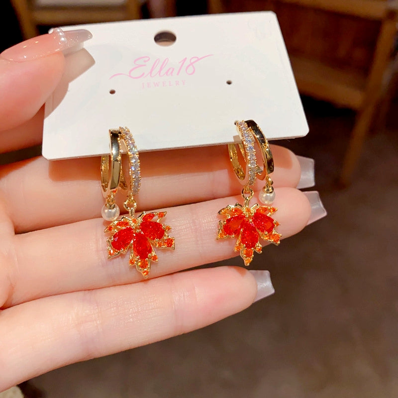 14K Gold-plated Elegant Red Maple Leaf Pearl Earrings