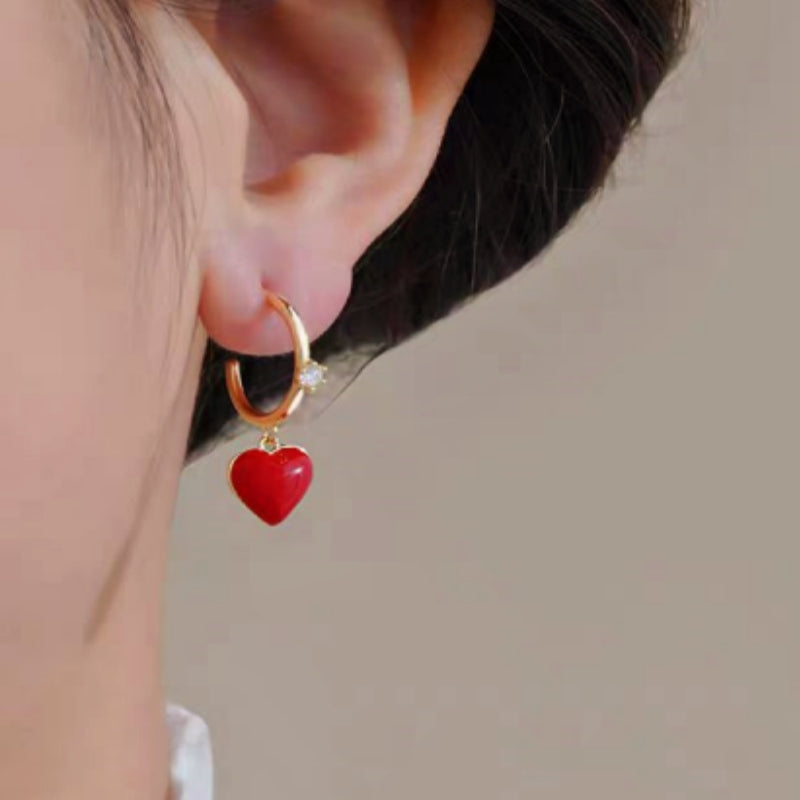 14K Gold-plated Elegant Red Peach Heart-Design Earrings