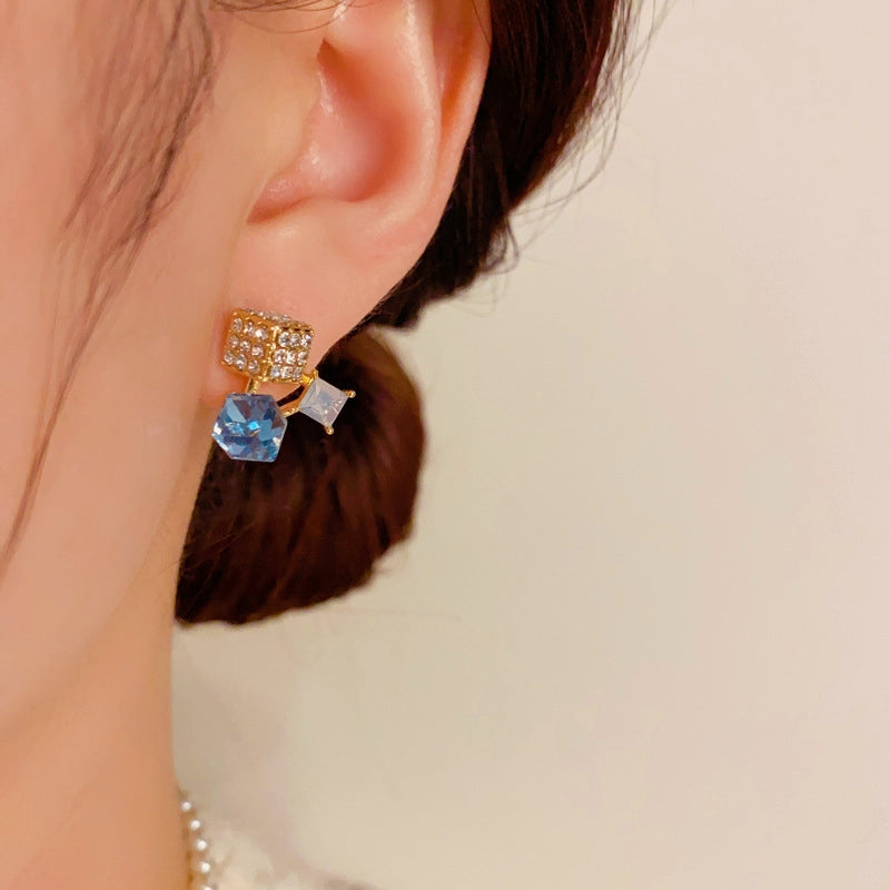 14K Gold-plated Elegant Sugar Cube Blue Crystal Stud Earrings