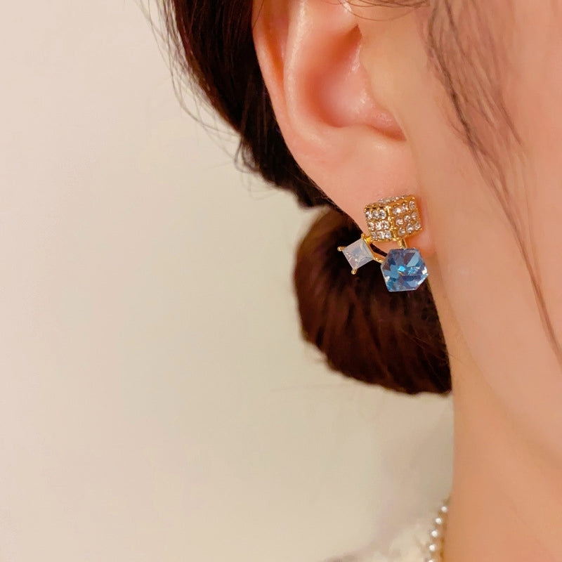 14K Gold-plated Elegant Sugar Cube Blue Crystal Stud Earrings
