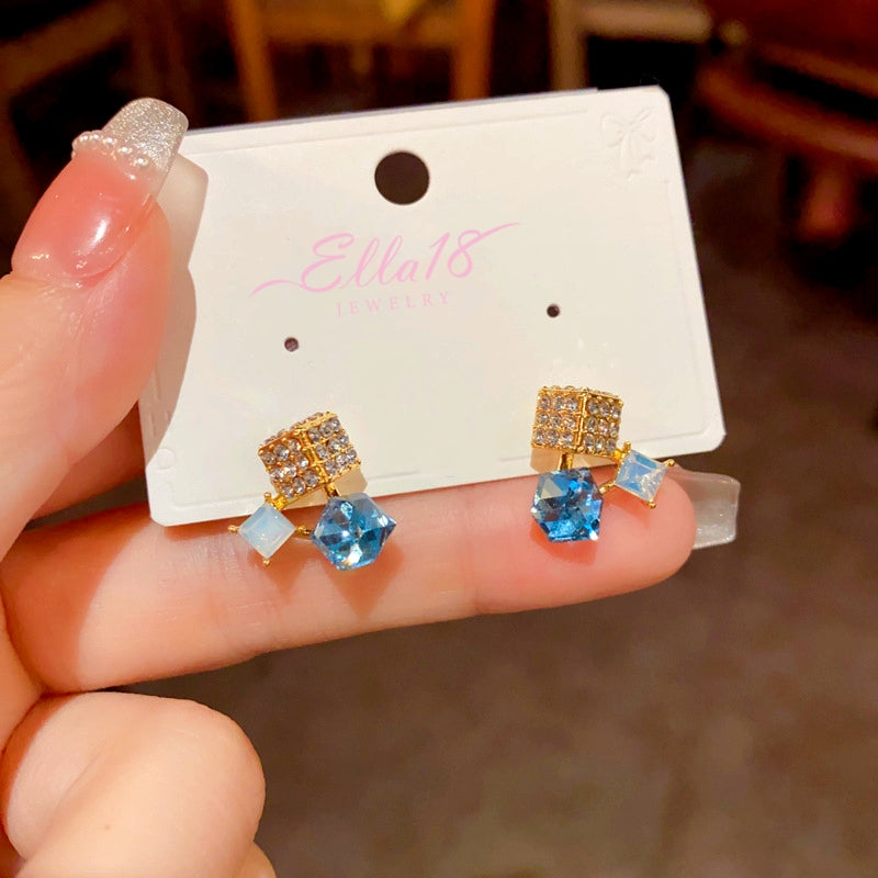 14K Gold-plated Elegant Sugar Cube Blue Crystal Stud Earrings