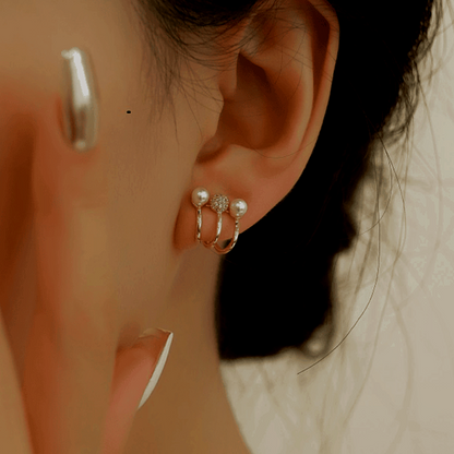 14K Gold-plated Elegant Three-Layer Diamond And Pearl Studs