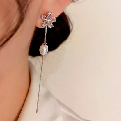 14K Gold-plated Elegant Zircon Flower Pearl Tassel Earrings