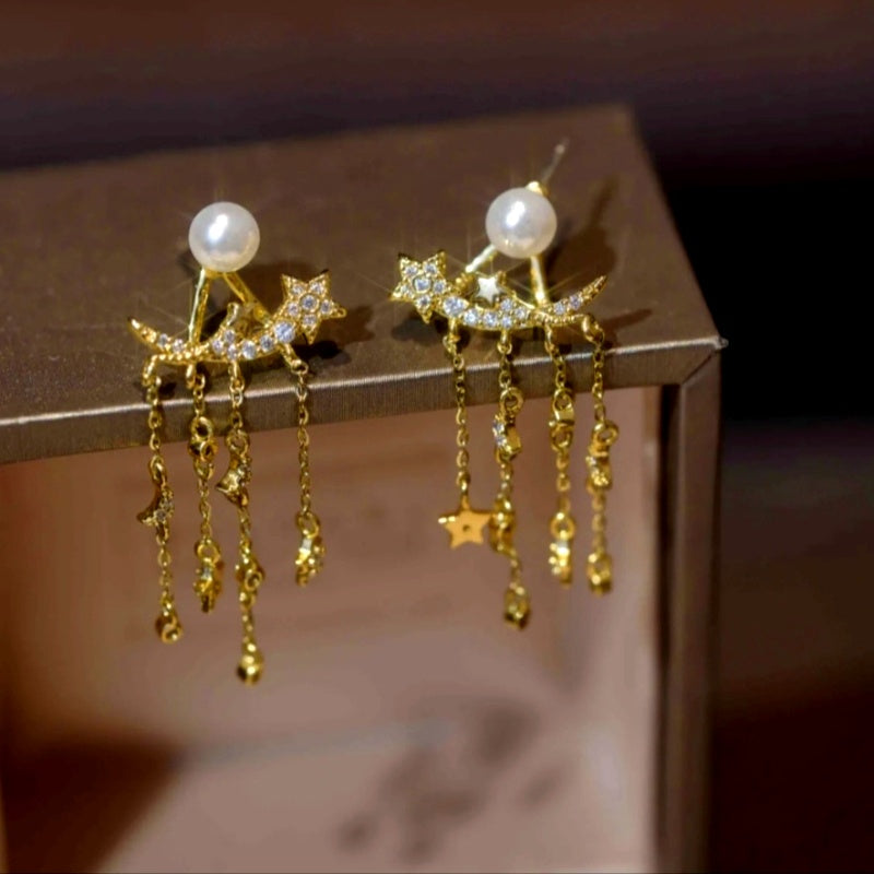 14K Gold-plated Elegant Zircon Star And Moon Tassel Chain Pearl Earrings