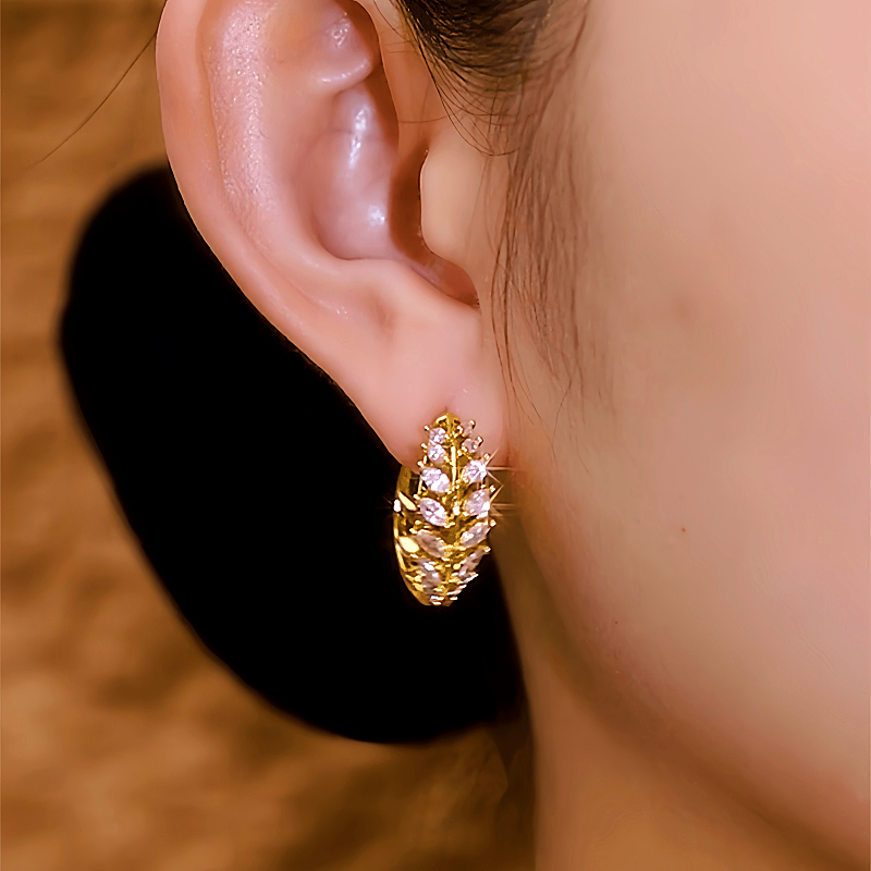 14K Gold-plated Elegant Zircon Wheat Hoop Earrings