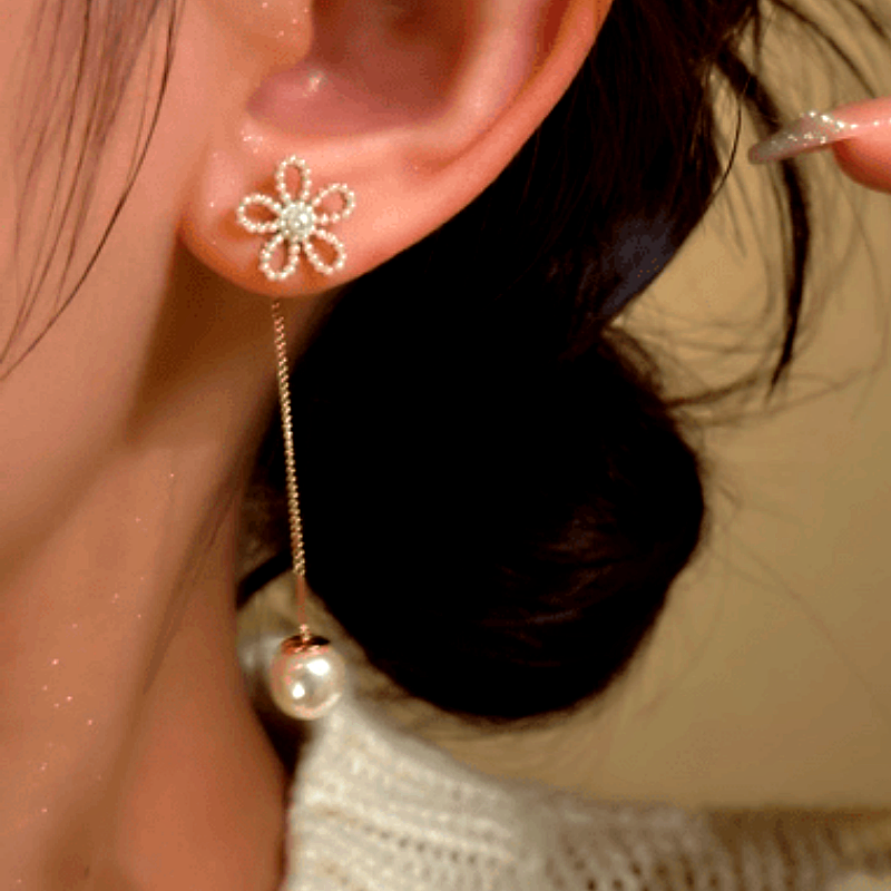 14K Gold-plated Flower Pearl Threader Tassel Earrings