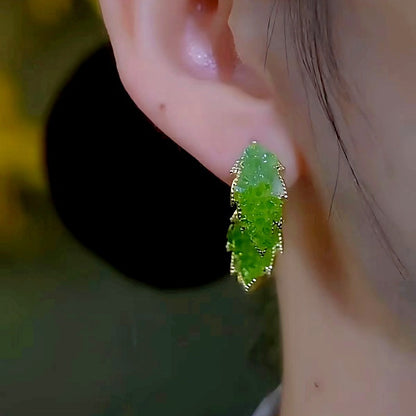 14K Gold-plated Green Diamond Crystal Leaf Earrings