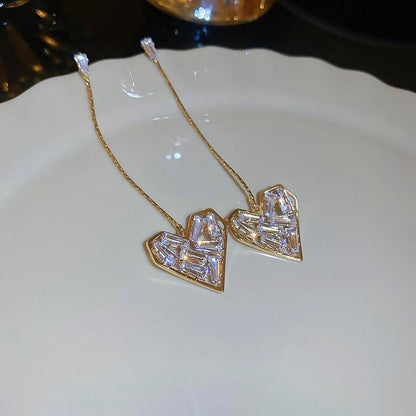 14K Gold-plated Long Zircon Love Heart Earrings
