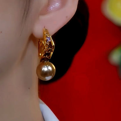 14K Gold-plated Luxury Brown Diamond Pearl Earrings