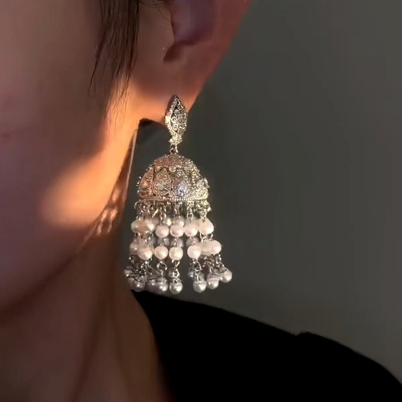 14K Gold-plated Luxury Diamond Curtain Tassel Pearl Earring