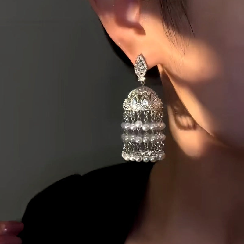 14K Gold-plated Luxury Diamond Curtain Tassel Pearl Earring