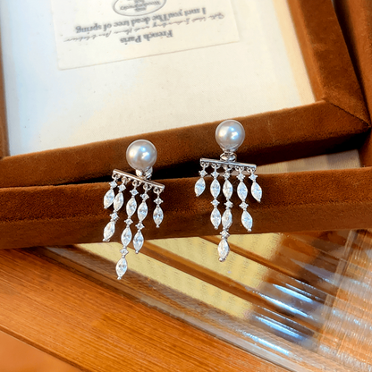 14K Gold-plated Pearl Zircon Tassel Earrings