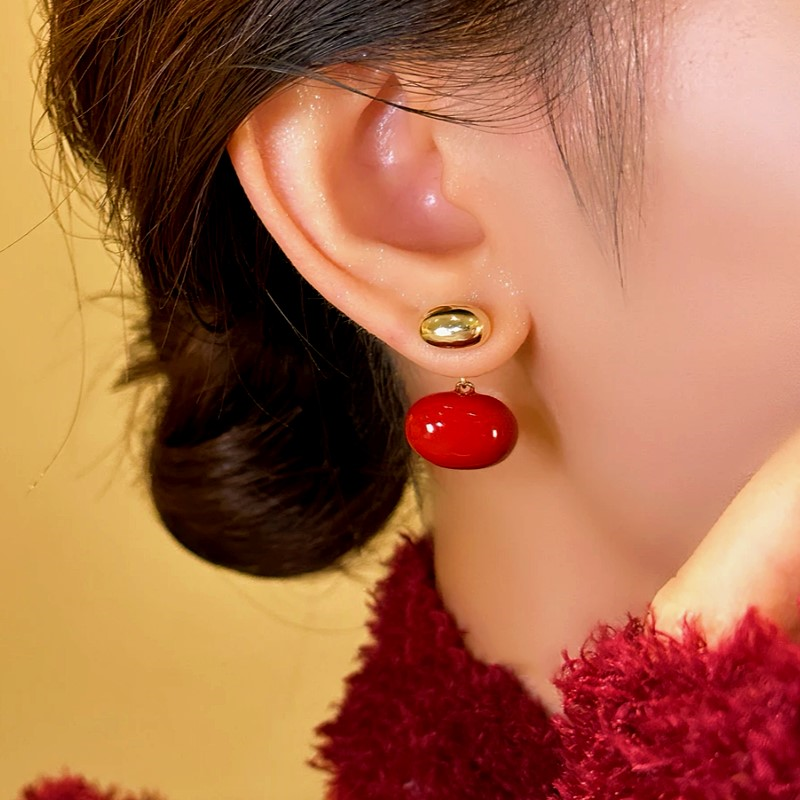 14K Gold-plated Red Enamel Bean Earrings