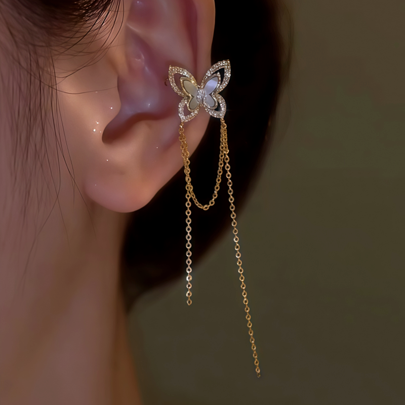 14K Gold-plated Shell Butterfly Tassel Ear Cuffs (1 Pair)