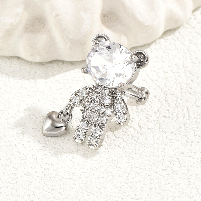 14K Gold-plated Zircon Bear Heart Ear Clips (1 Piece)