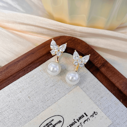 14K Gold-plated Zircon Butterfly Pearl Earrings