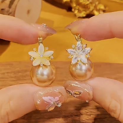 14K Gold-plated Zircon Double-Sided Flower Champagne Pearl Earrings