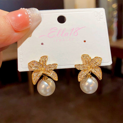 14K Gold-plated Zircon Leaf Pearl Earrings