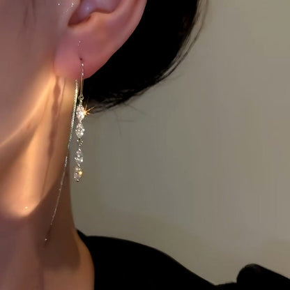 14K Gold-plated Zircon Threader Tassel Earrings