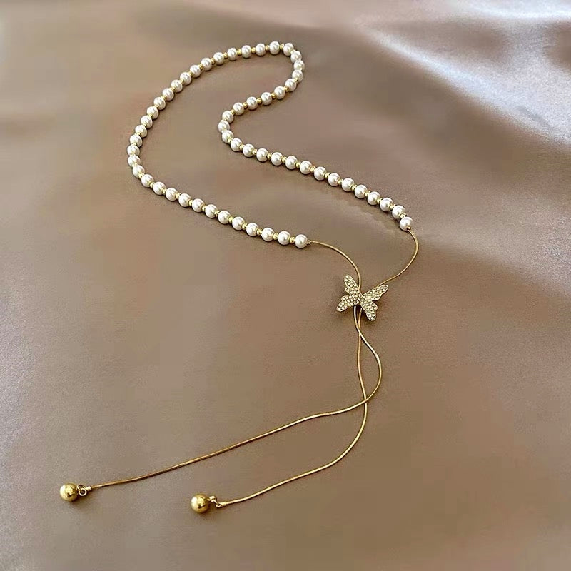 14K Gold Plated Adjustable Pull-Out Butterfly Pearl Necklaces