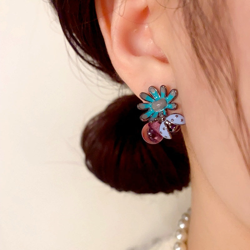 14K Gold Plated Bee Petal Flower Purple Bead Earrings