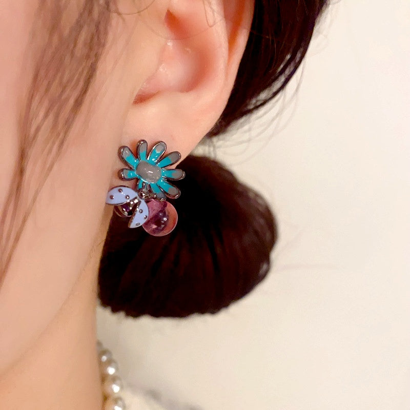 14K Gold Plated Bee Petal Flower Purple Bead Earrings